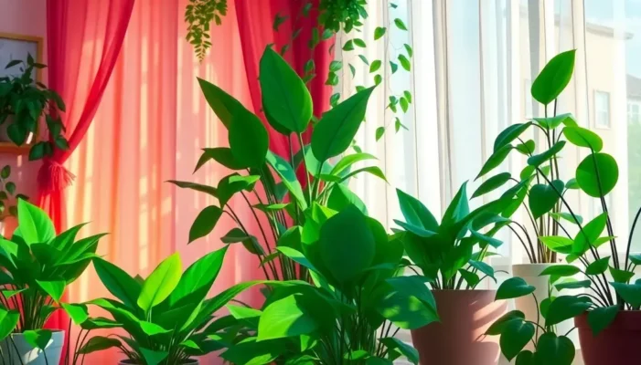 Collection of indoor plants in an anime-decorated room with sunlight.