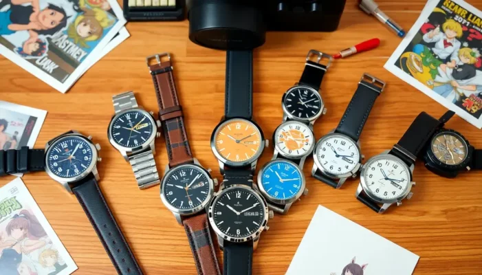 An array of anime-themed watches on a table, with corresponding anime merchandise, showcasing diverse designs.