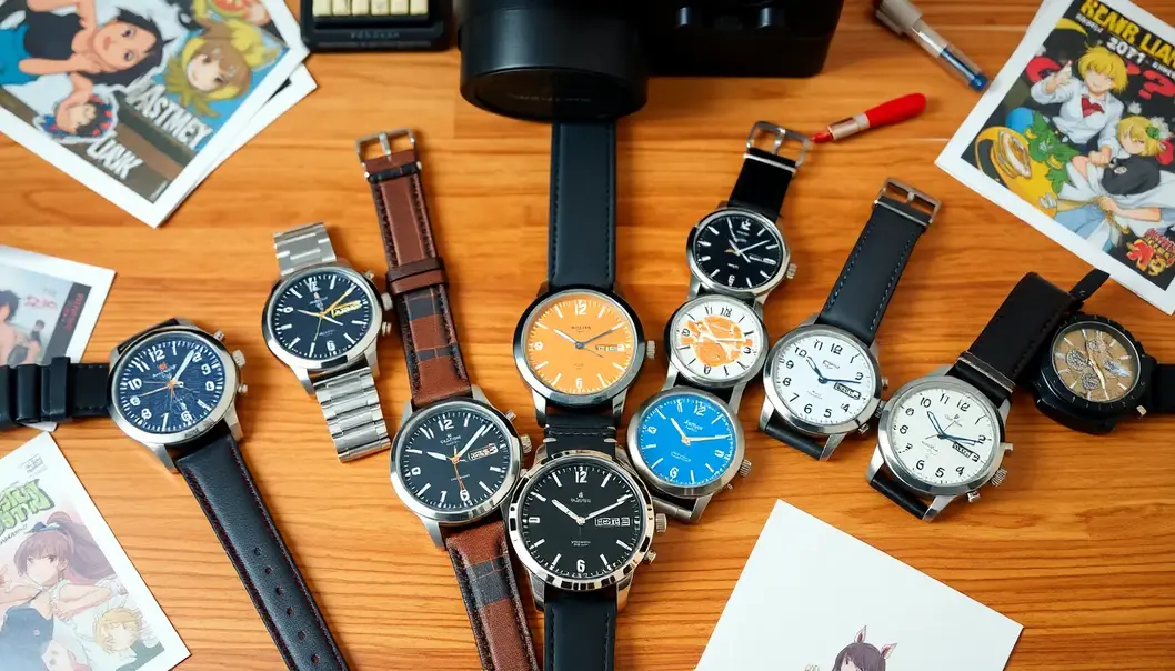 An array of anime-themed watches on a table, with corresponding anime merchandise, showcasing diverse designs.