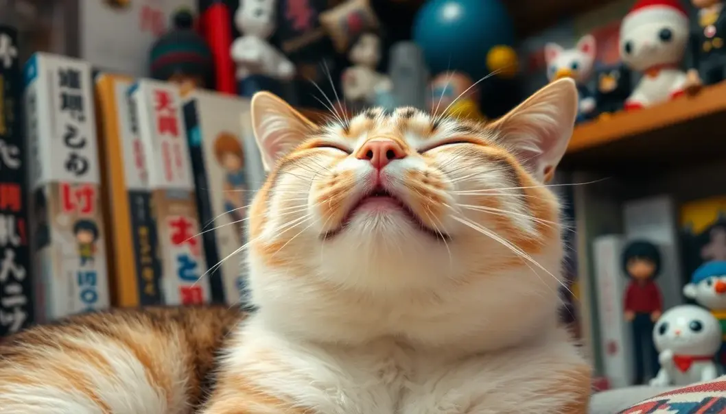 A cat purring amidst anime collectibles, showcasing affection through sound.