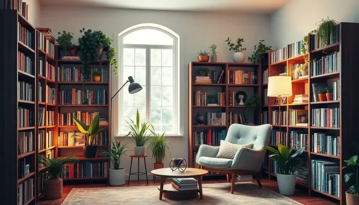A modern reading nook with an armchair, bookshelves, and plants.