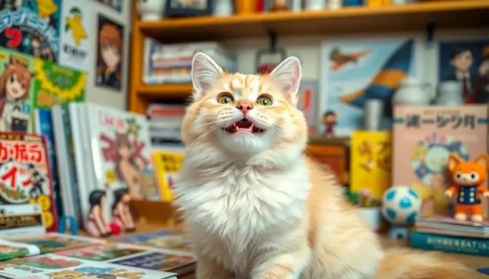 A fluffy cat surrounded by anime items, portraying happiness and connection with an anime-loving owner.