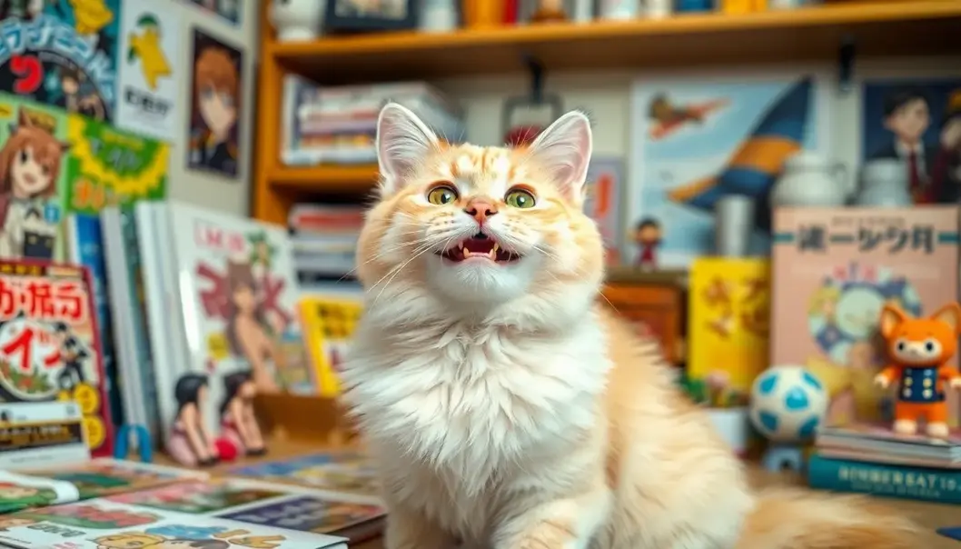 A fluffy cat surrounded by anime items, portraying happiness and connection with an anime-loving owner.