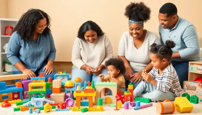 Educational toys arranged by age group with parents and children playing.