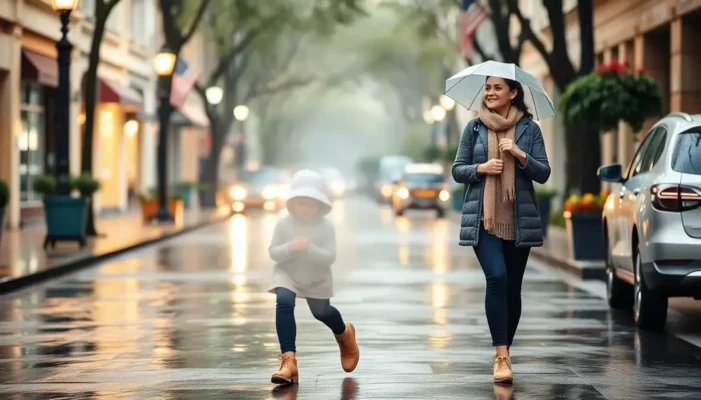 A new mom fashionably dressed for rain, walking down a wet street.