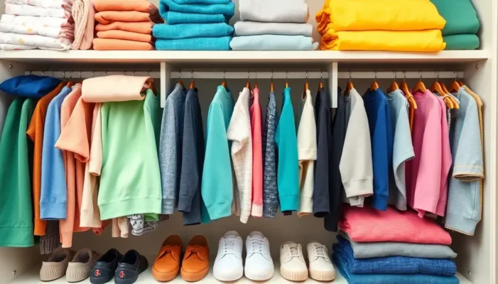 Closet with organized children's clothing made from various fabric blends, neatly folded and arranged.