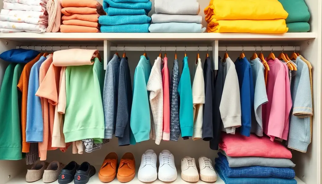 Closet with organized children's clothing made from various fabric blends, neatly folded and arranged.