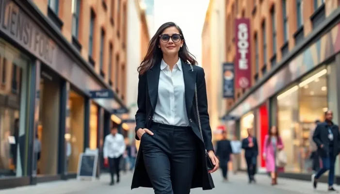A petite woman in a monochrome outfit walking confidently through a vibrant city street.