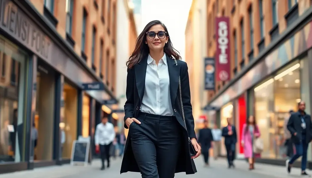A petite woman in a monochrome outfit walking confidently through a vibrant city street.