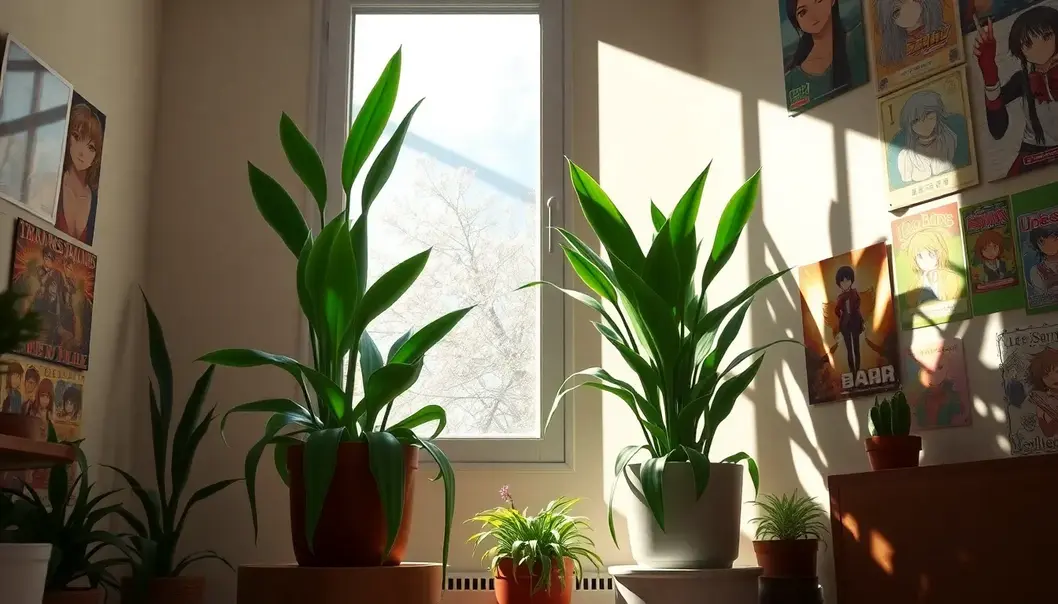 Snake and ZZ Plants enhancing a cozy, anime-themed room.